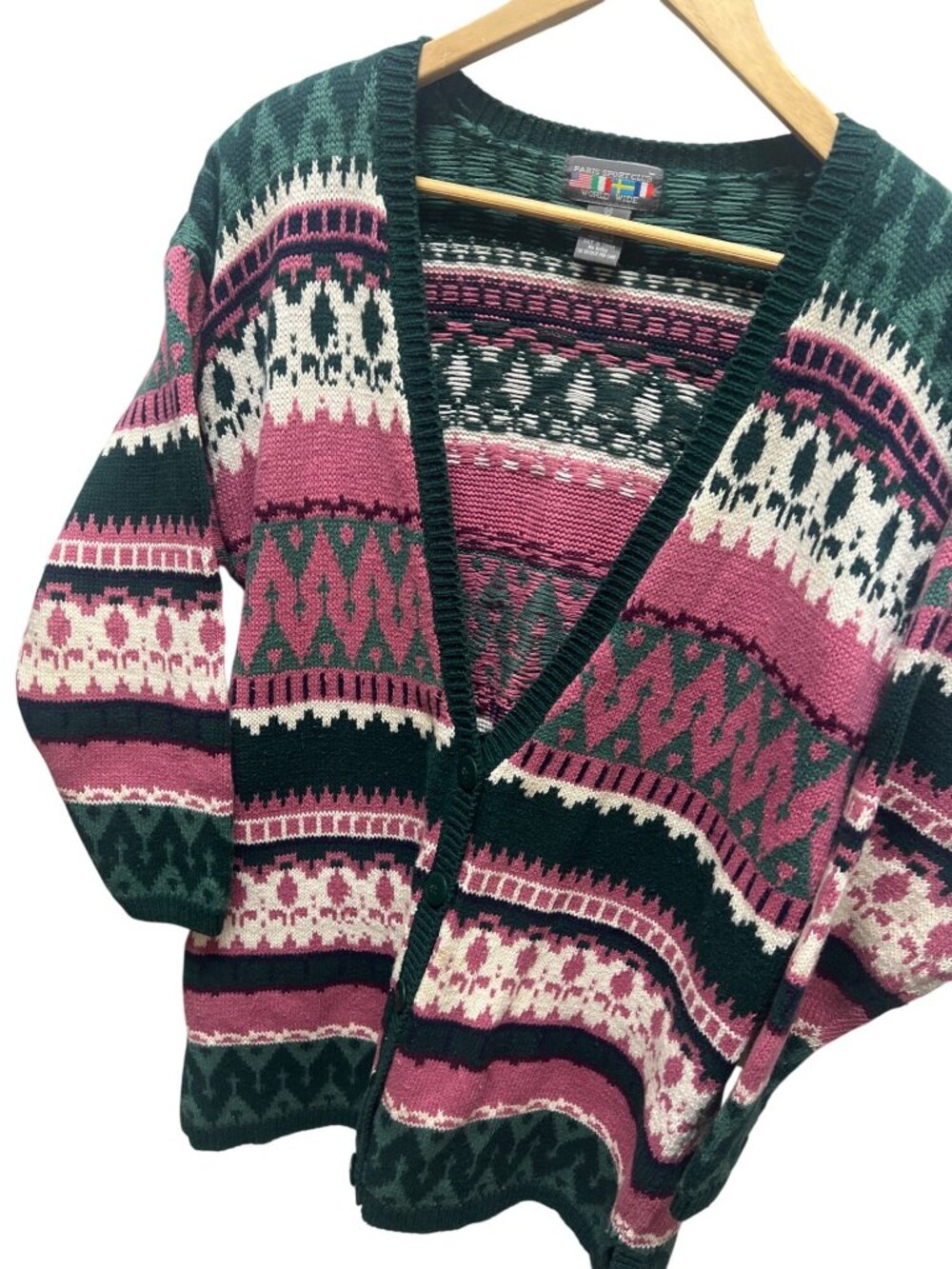 Paris Sport Club Vintage 90's Green & Pink Fair Isle Cardigan